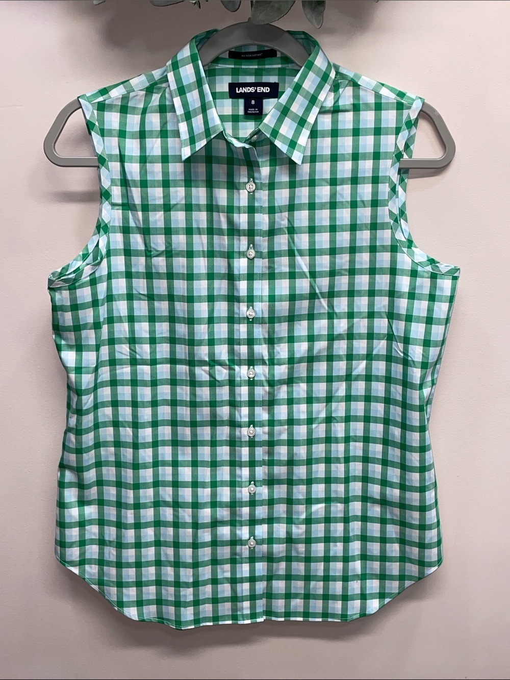 NWOT Lands’ End No Iron Sleeveless Button Down Gingham Shirt Supima Cotton 8